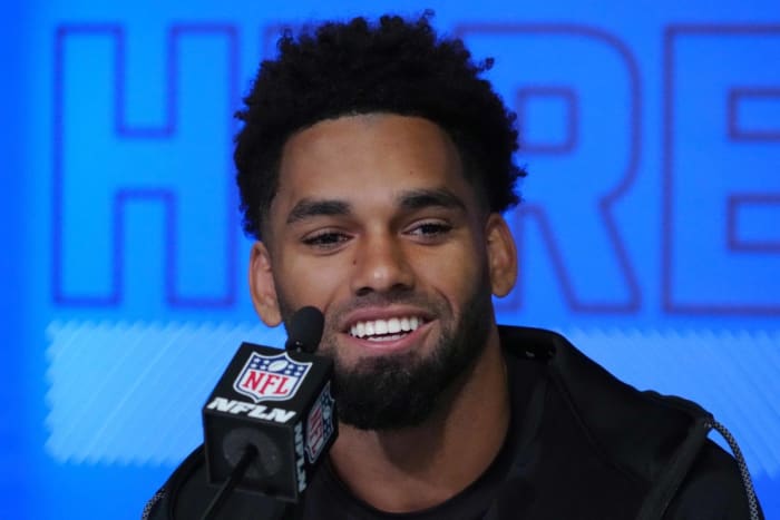 Mar 2, 2022; Indianapolis, IN, USA; Ohio State Buckeyes wide receiver Chris Olave during the NFL Combine at the Indiana Convention Center. Mandatory Credit: Kirby Lee-USA TODAY Sports